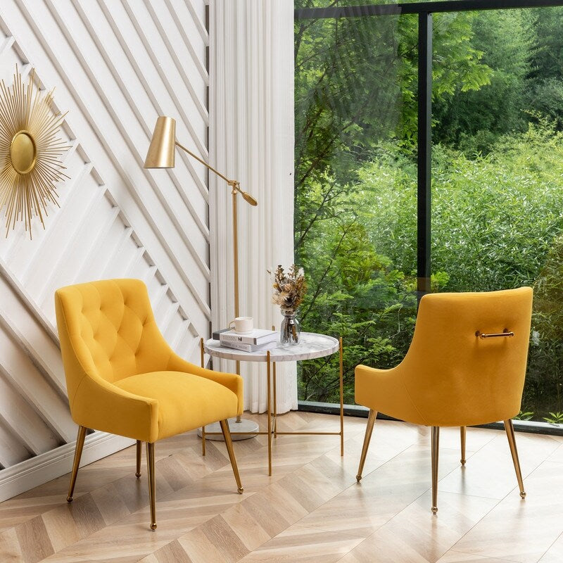 Luxurious Velvet Tufted Dining Chair with Golden Legs - Elegant Home Furniture for Dining Room & Accent Seating ( Pack of 2 )