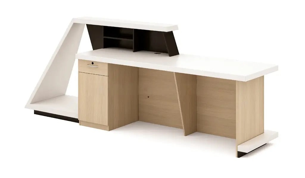 Reception table made in Engineered wood and laminate while the inside is in oak wood finish also includes one inbuilt storage pedestal