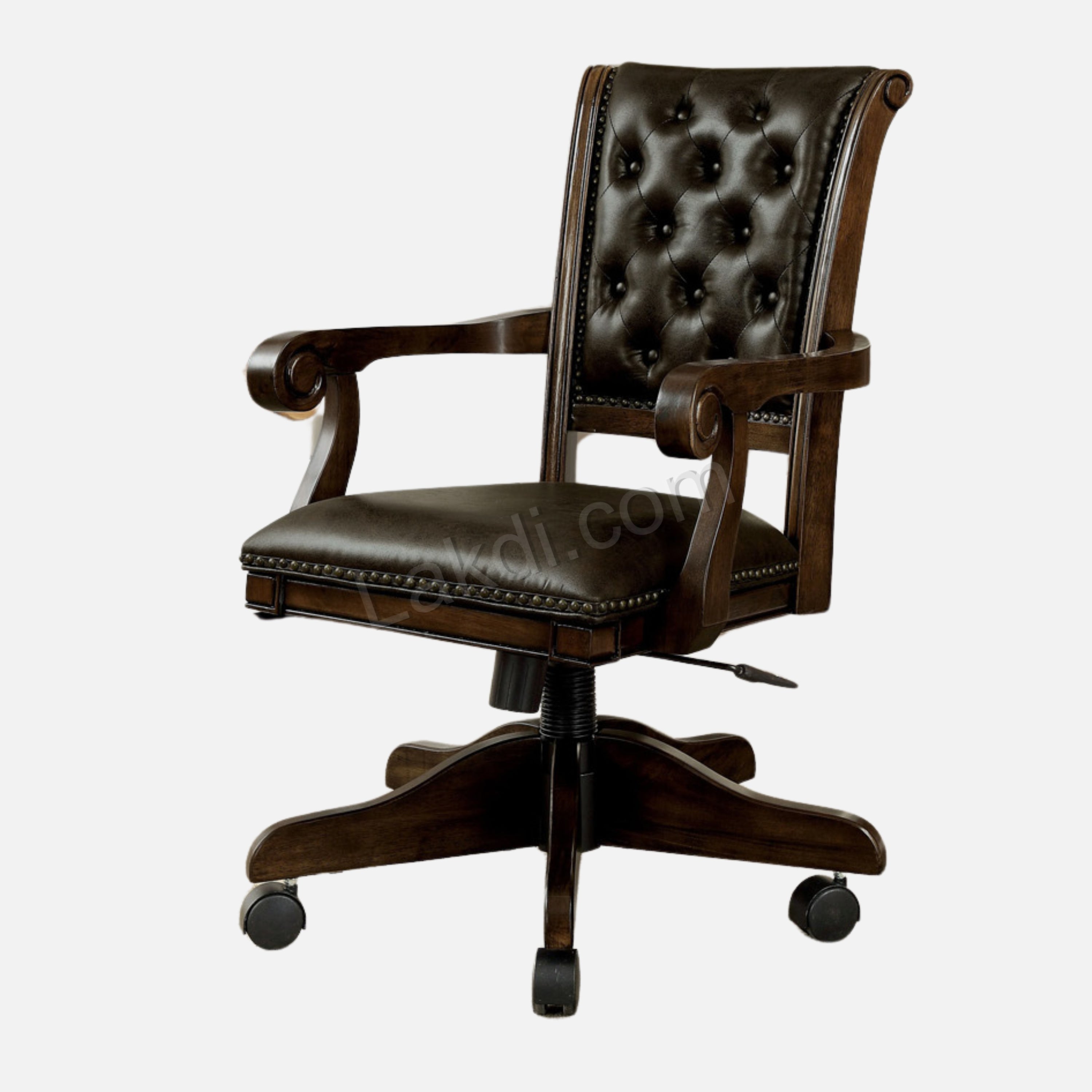 Luxury Office Director Chair Tufted Design Made in Solid wood with Leatherette and Soft Padded - Armrest and Swivel Base and Polish- Dark-brown