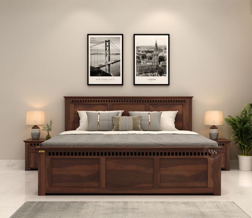 King‑size Sheesham wood bed with stylish headboard & hydraulic under‑bed storage, elegant walnut finish