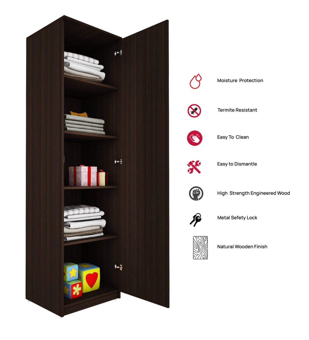 Wardrobe for Bedroom Storage – Single Door Design with Adjustable Shelves, Space-Saving Utility, Laminate Finish