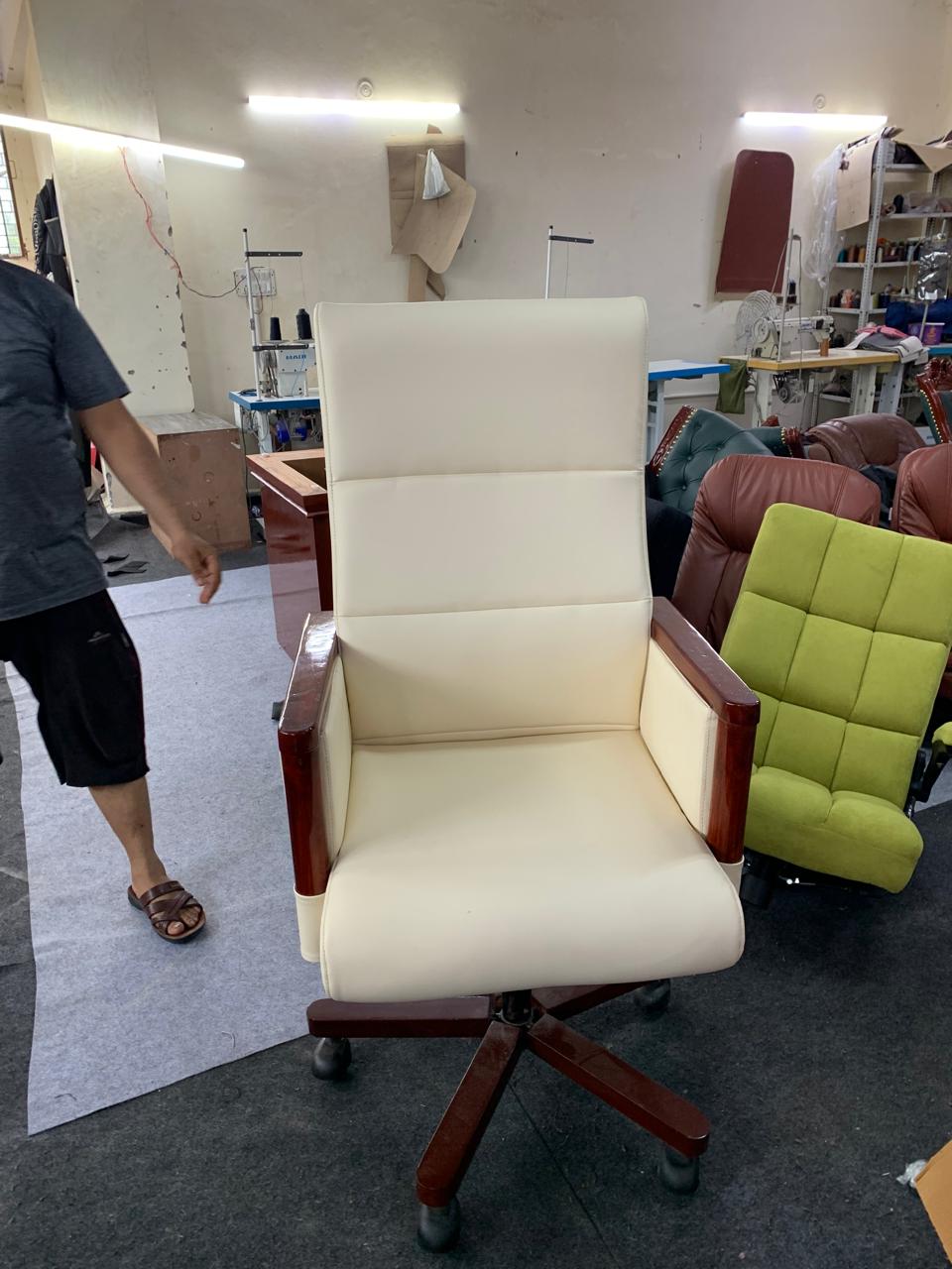 High Back Wooden with Fabric Revolving & Recliner Chair | Director Chair | Office - Cream Color
