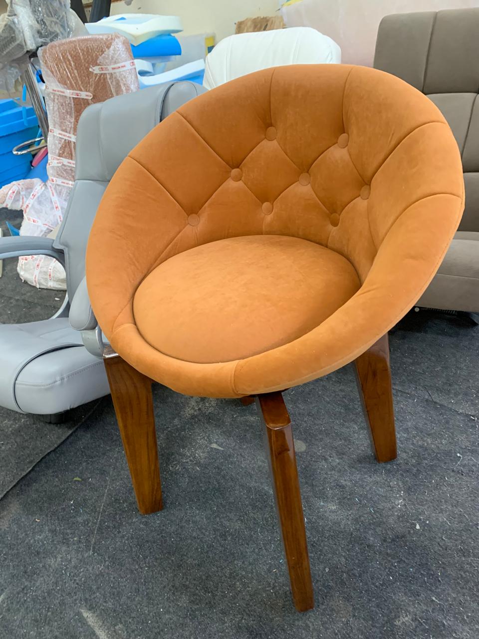 Modern Velvet Tufted Round Back Upholstered Swivel Accent Chair Orange with Teak Legs