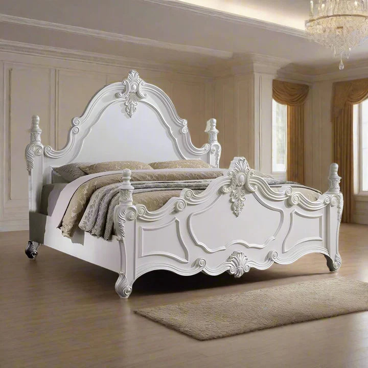 Maharaja White Bed – Hand-Carved Royal Design, Antique Finish, Solid Frame, Indian Luxury Furniture, Premium Bedroom Decor, No Storage