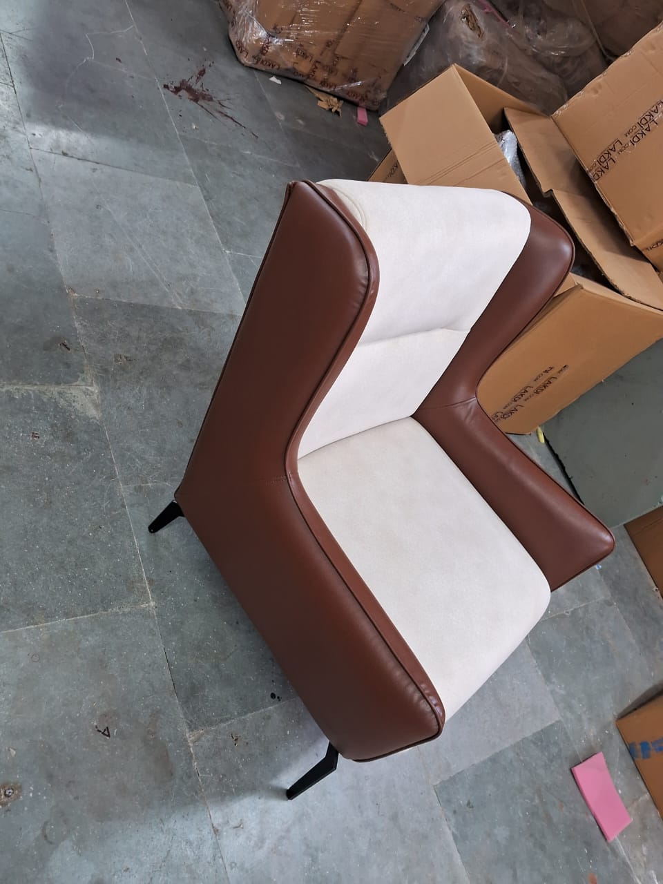 Fabric and Leather Lounge Chair with Metal Legs