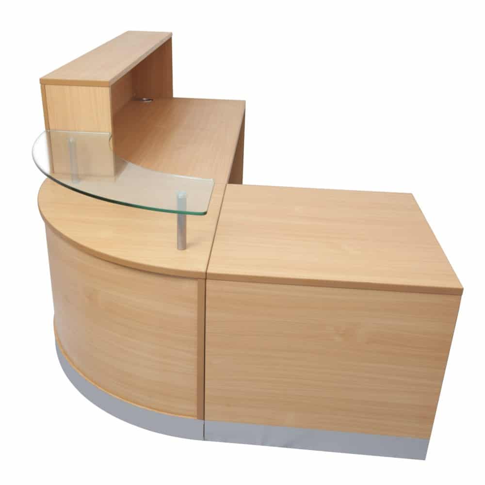Reception Table for Office and Hotel Front Desk Made in Engineered Wood Having Top Glass Corner, 2 Wire Managers