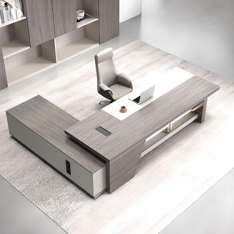 Director L-Shape Office Table Luxury Desk Made in Plywood with Locking Drawer, Reversible Orientation, Wire Manager, and CPU Storage - Grey