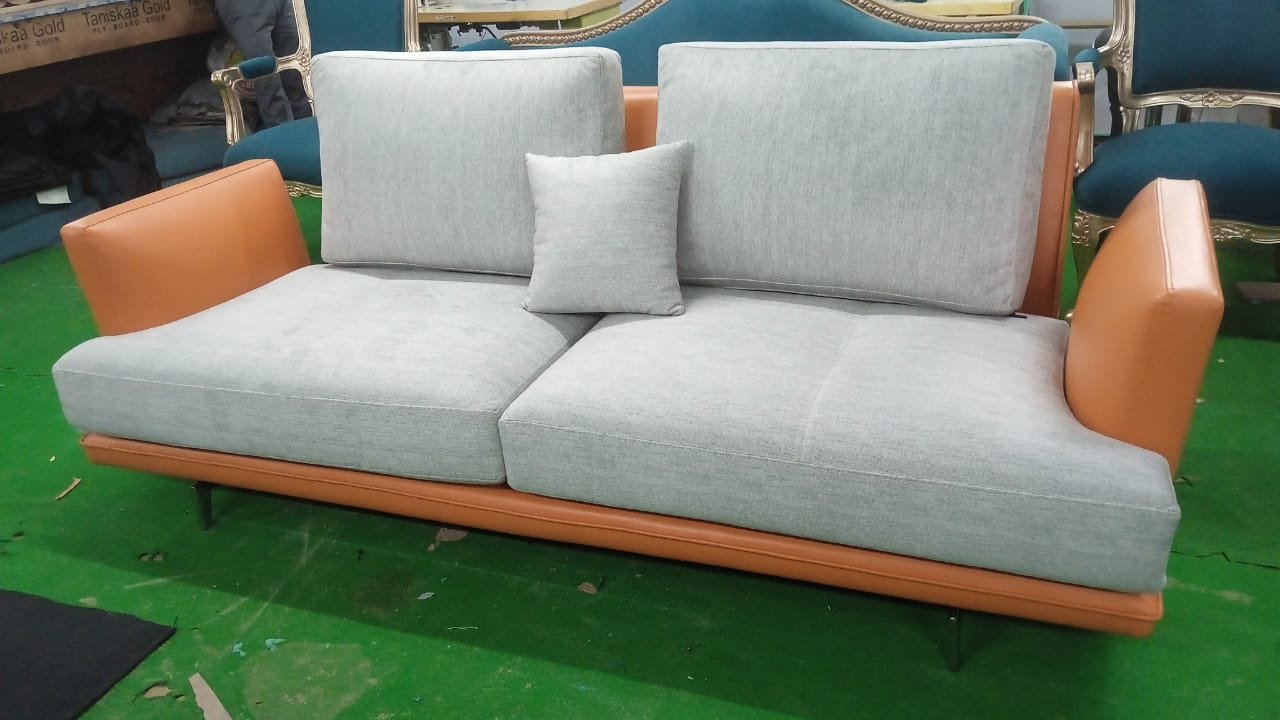 2 Seater Fabric & Leatherette Sofa with Classic Metal Legs Finish -