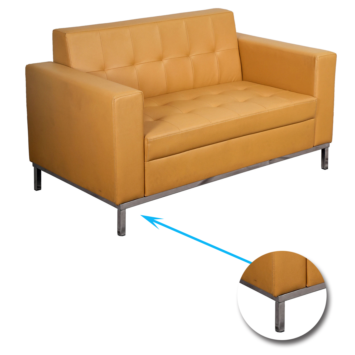 2 Seater Leather Sofa in Metal Chrome Finish -
