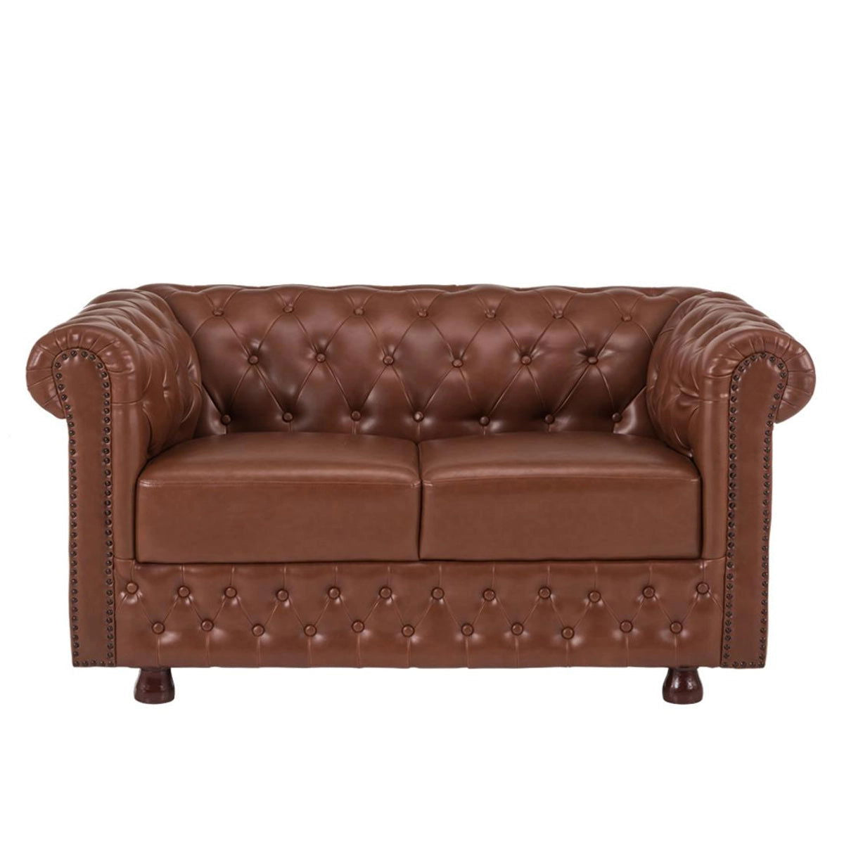 2 Seater Sofa Leatherette Upholstery With Solid Wood Frame and Wooden Legs Base Caramel Brown Color -