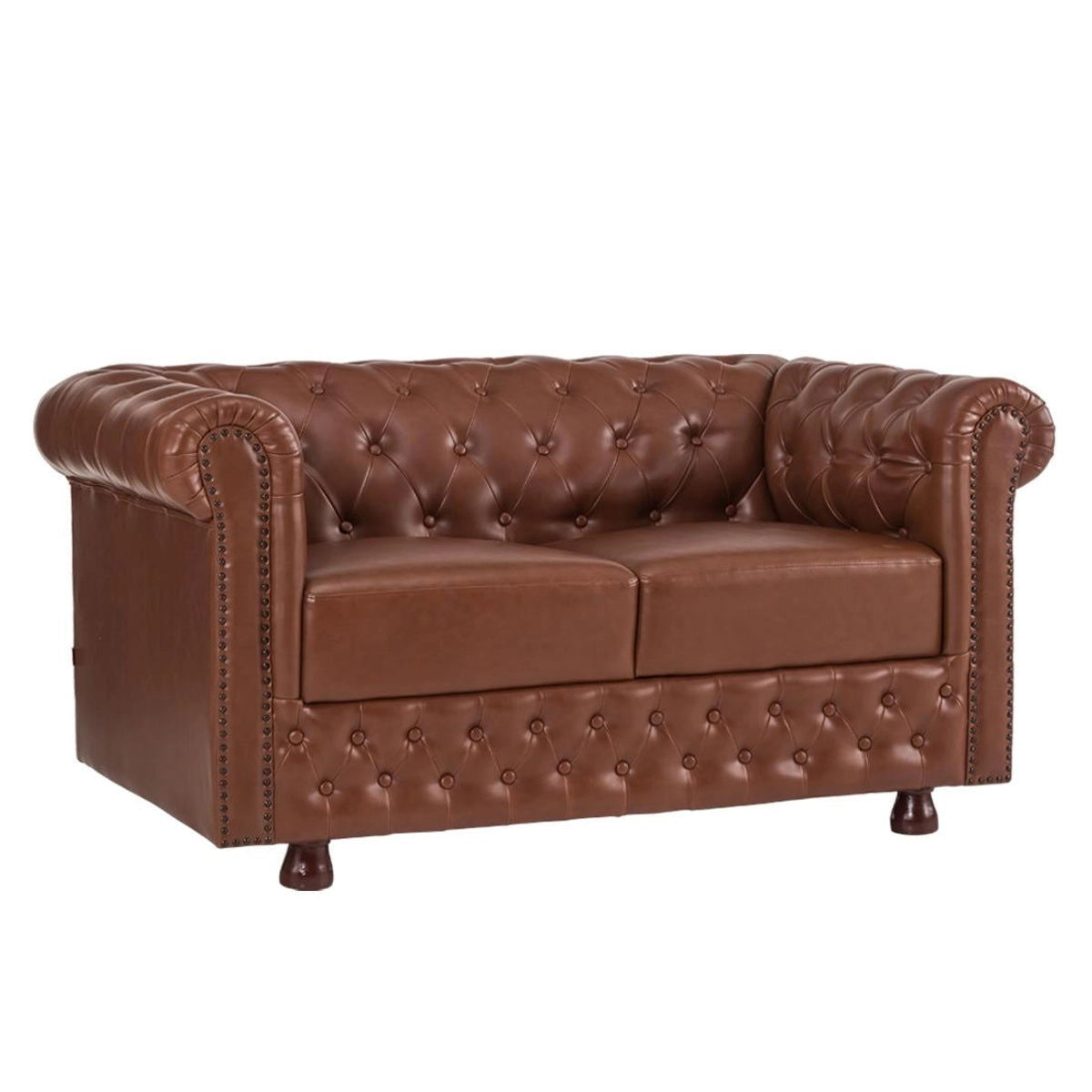 2 Seater Sofa Leatherette Upholstery With Solid Wood Frame and Wooden Legs Base Caramel Brown Color -