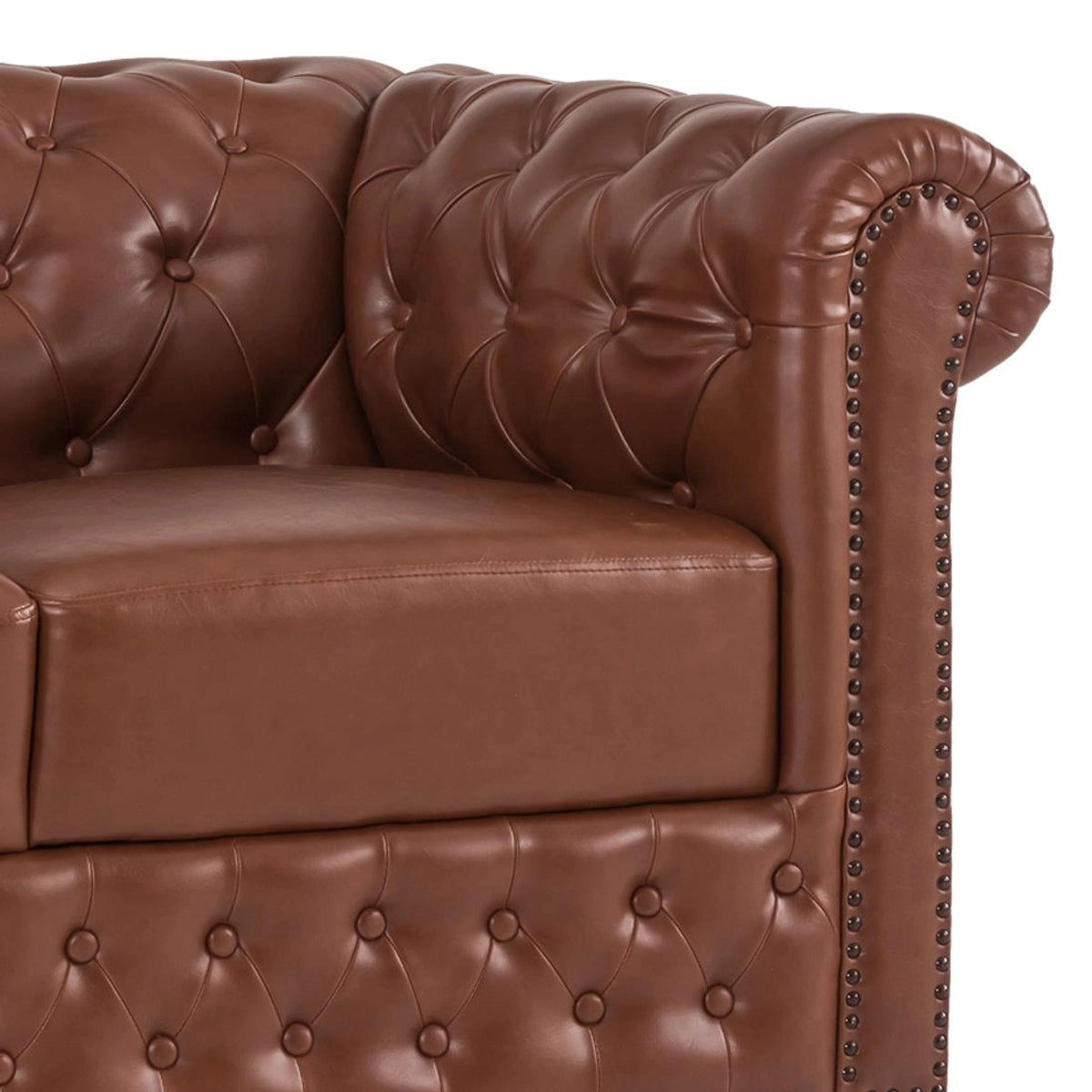 2 Seater Sofa Leatherette Upholstery With Solid Wood Frame and Wooden Legs Base Caramel Brown Color -