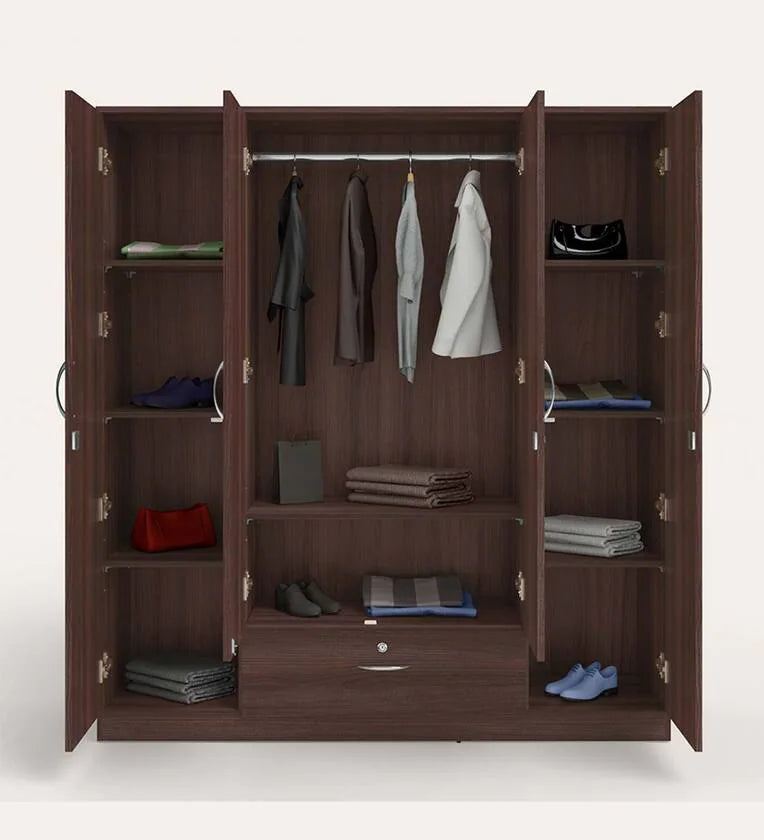 Wardrobe for Bedroom – 4 Door Almirah with Drawer and Space-Saving Design Ideal for Apartments and Compact Rooms