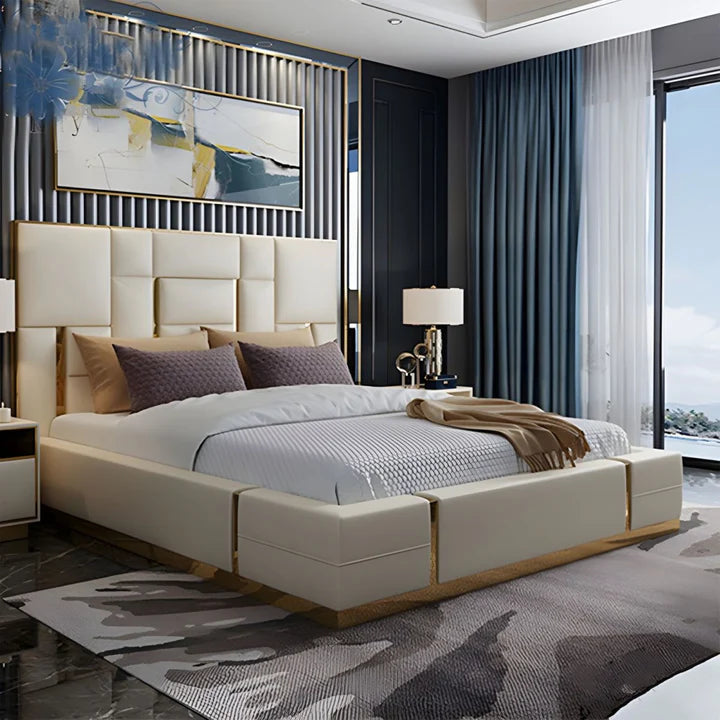 Queen Bed for Home Furniture with Upholstered headboard with sleek metal accents for your luxury Bedroom.