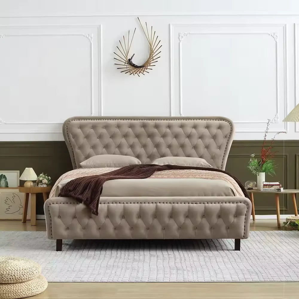 Modern king-size velvet platform bed with deep-button tufted headboard, foam padding, luxury and comfort for bedroom.