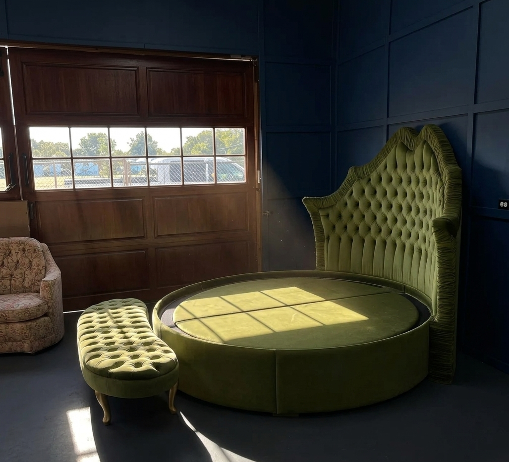 Royal Round Bed in Olive Green Premium Velvet with Deep Diamond Tufted Wingback Headboard, Polished Gold Metal Legs