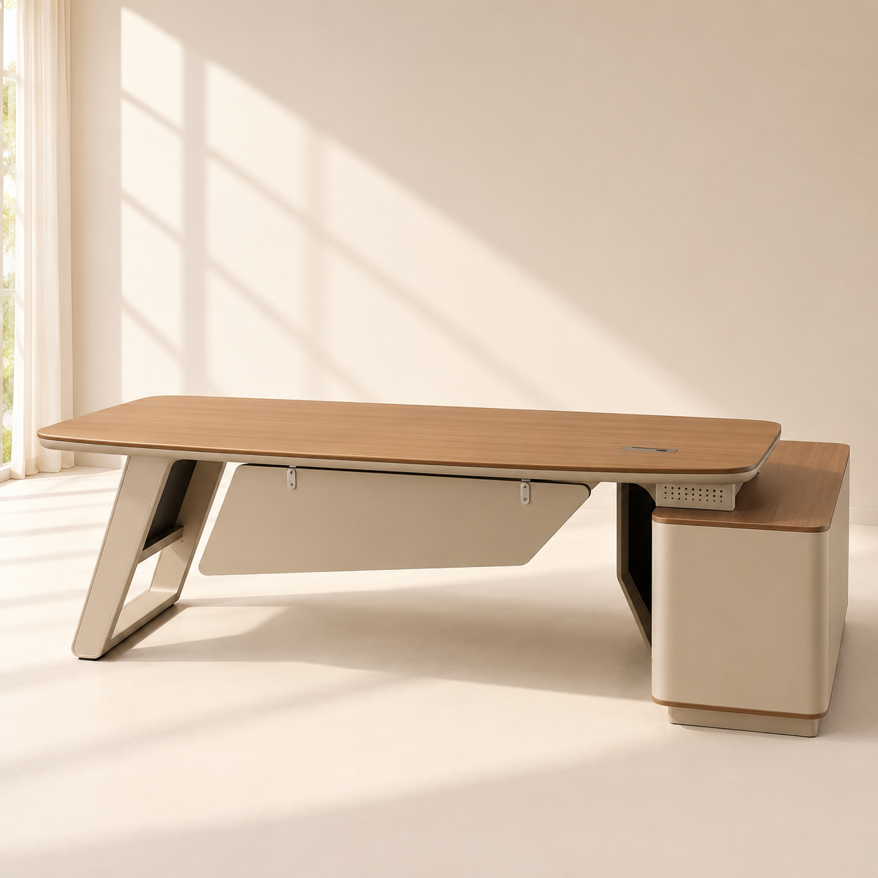 CEO Director Desk – Massive L-Shape Workspace with Premium Marble Laminate, Padded PU Leather