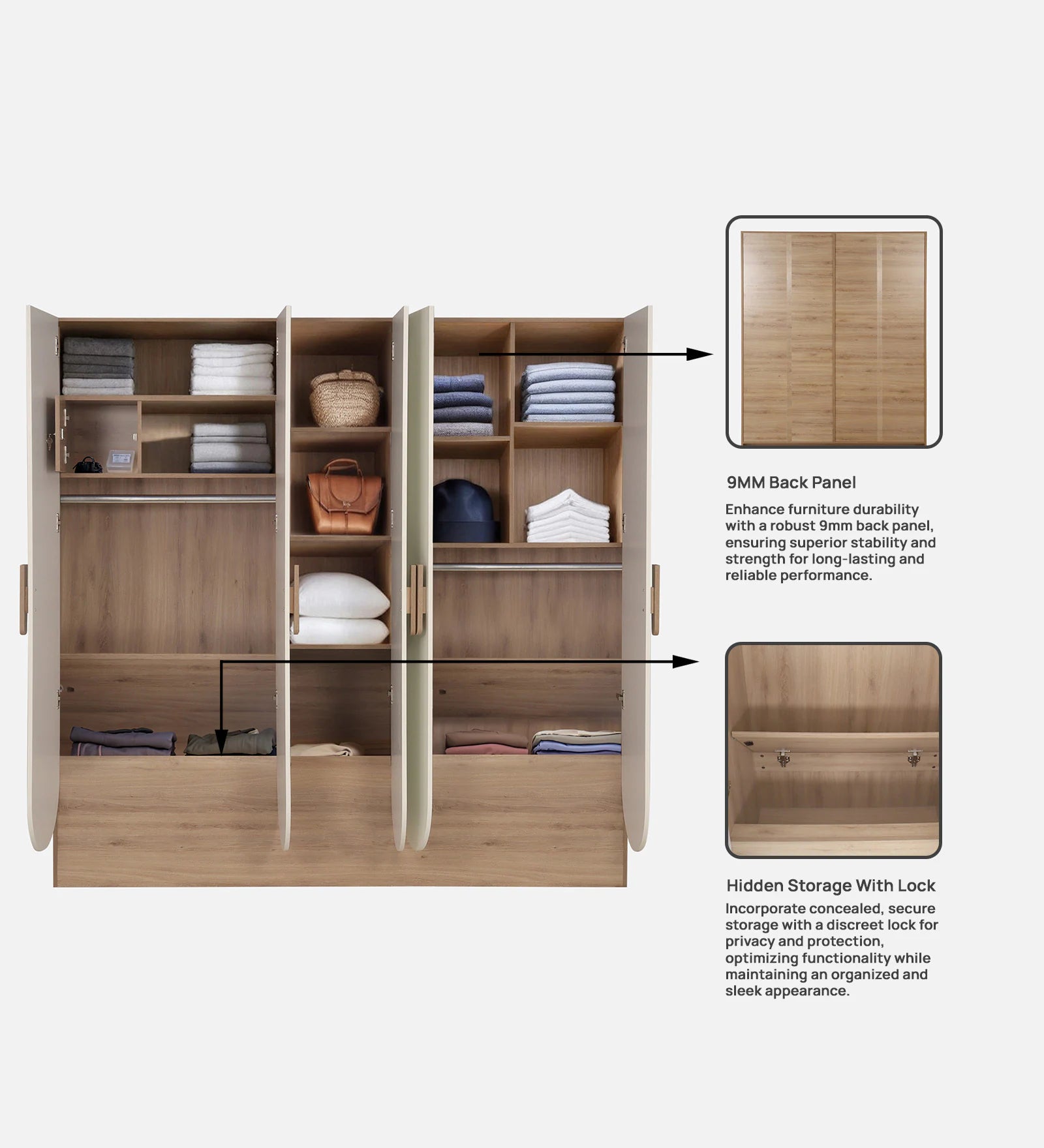 Wardrobe for Bedroom Storage – White Dual Mirrors, Dual Hanging Spaces, Lockable Drawers, Spacious Shelving & Elegant Particle Wood Build