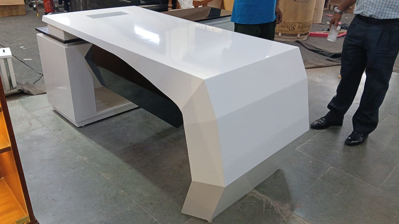 Director & Executive L-Shape Office Table Luxury Desk Made in MDF with Side Unit Drawer and Storage Wire Manager & CPU Storage - White