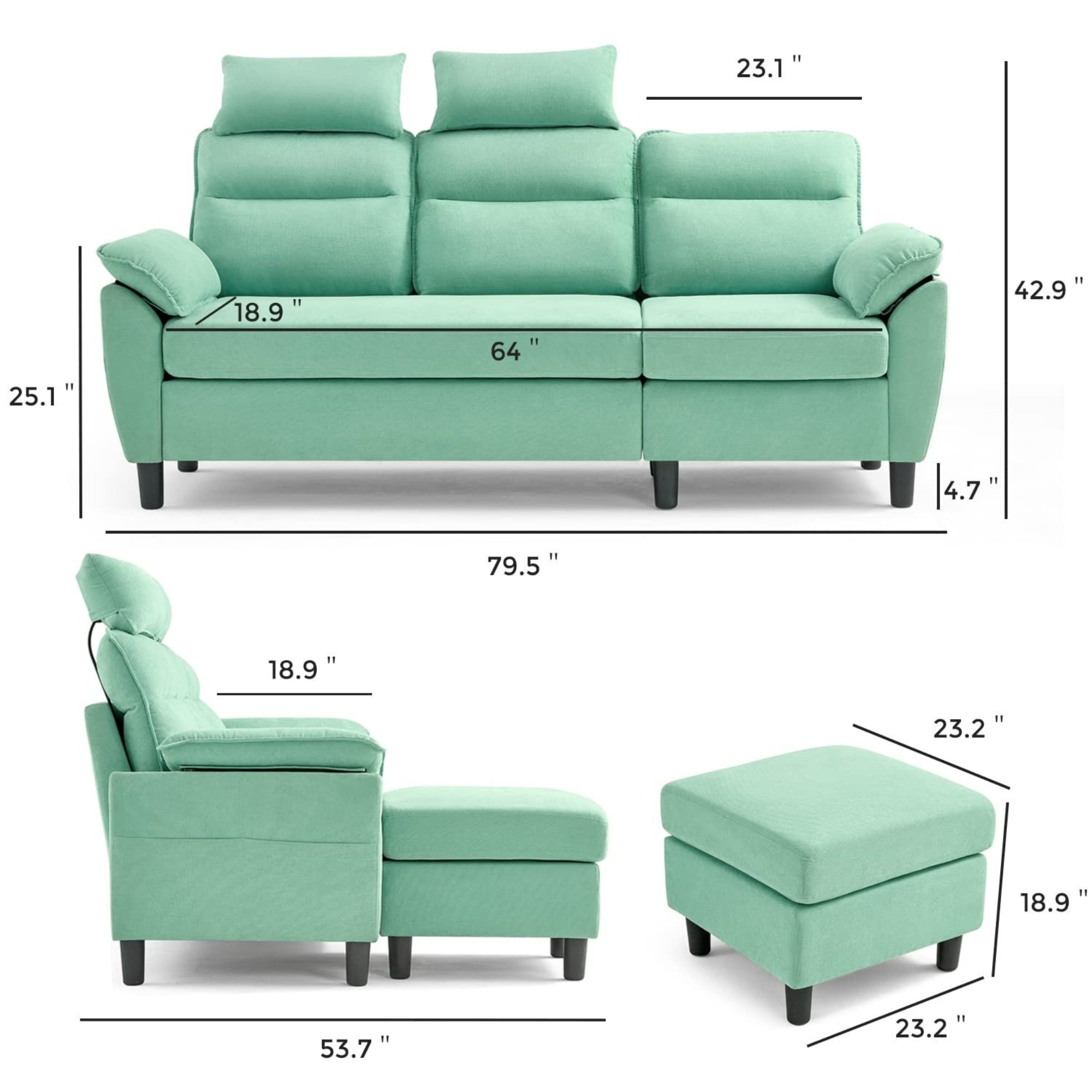 L-Shaped 3-Seat Couch Convertible Sofa Upholstery Fabric for Living Room Modern Design Durable and Comfortable Seating and Support Padded -Blue
