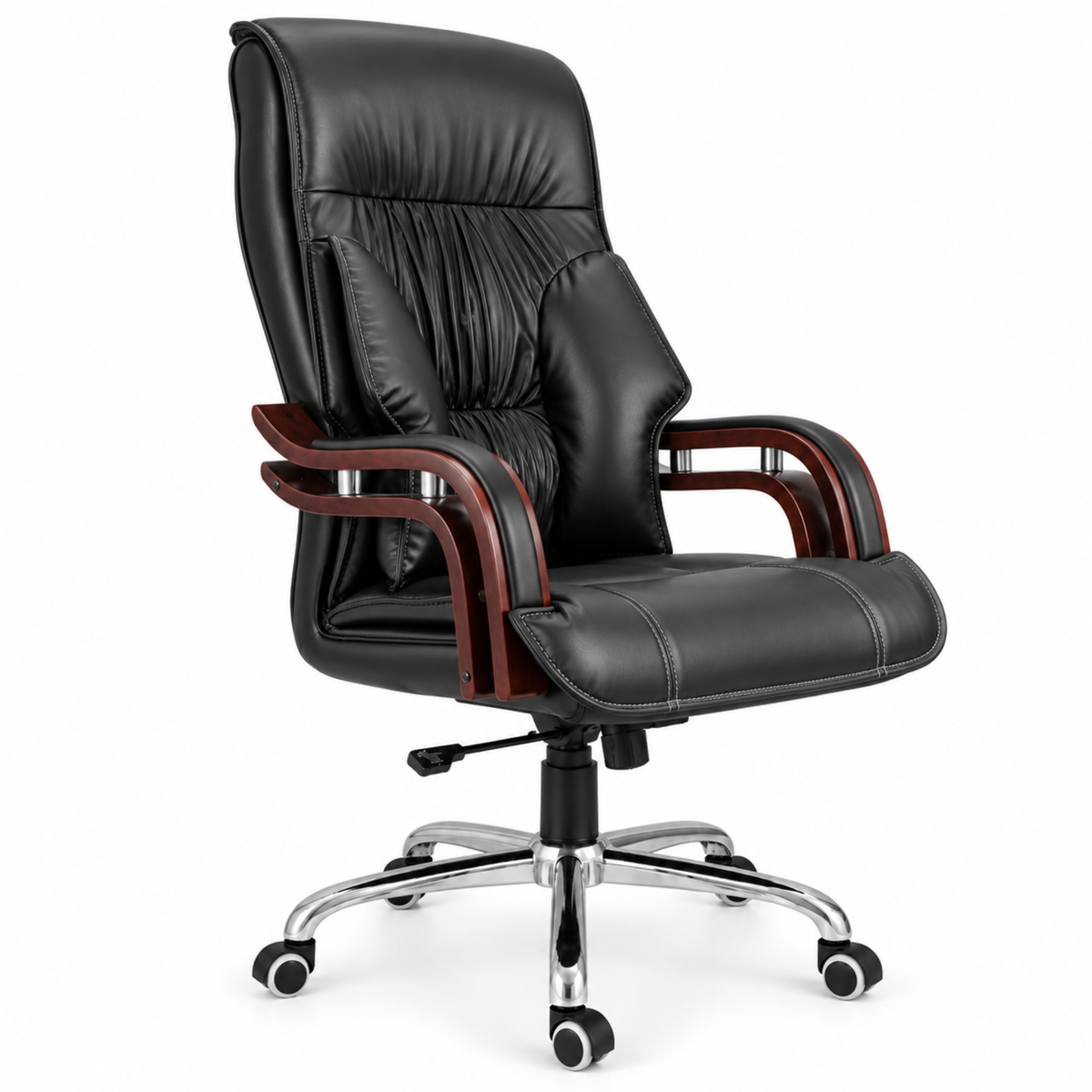 Luxury Boss Chair with High Back Leatherette Design and Stylish Chrome Base and Wooden Handle