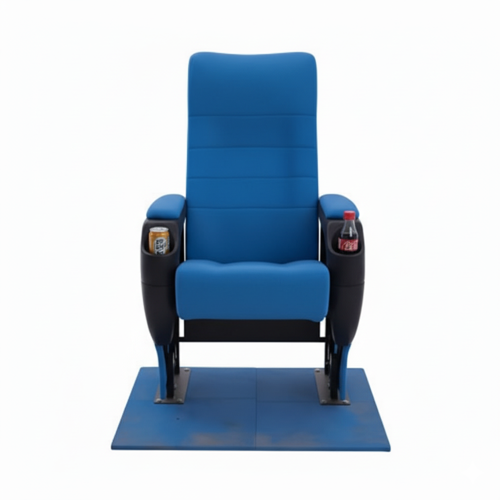 तकिये के ऊपर आर्मरेस्ट वाली लकड़ी की हल्की नीली कुर्सी