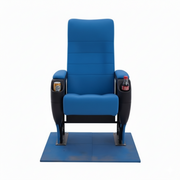 तकिये के ऊपर आर्मरेस्ट वाली लकड़ी की हल्की नीली कुर्सी