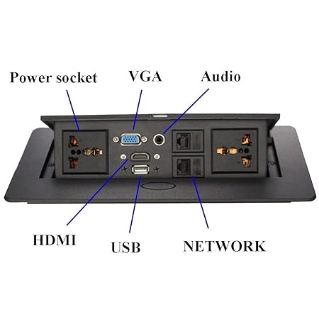 Conference Table Connectivity and Data Box Pop Up Box/Cable Cubby with HDMI, VGA, Audio, LAN and Power Ports (Black)