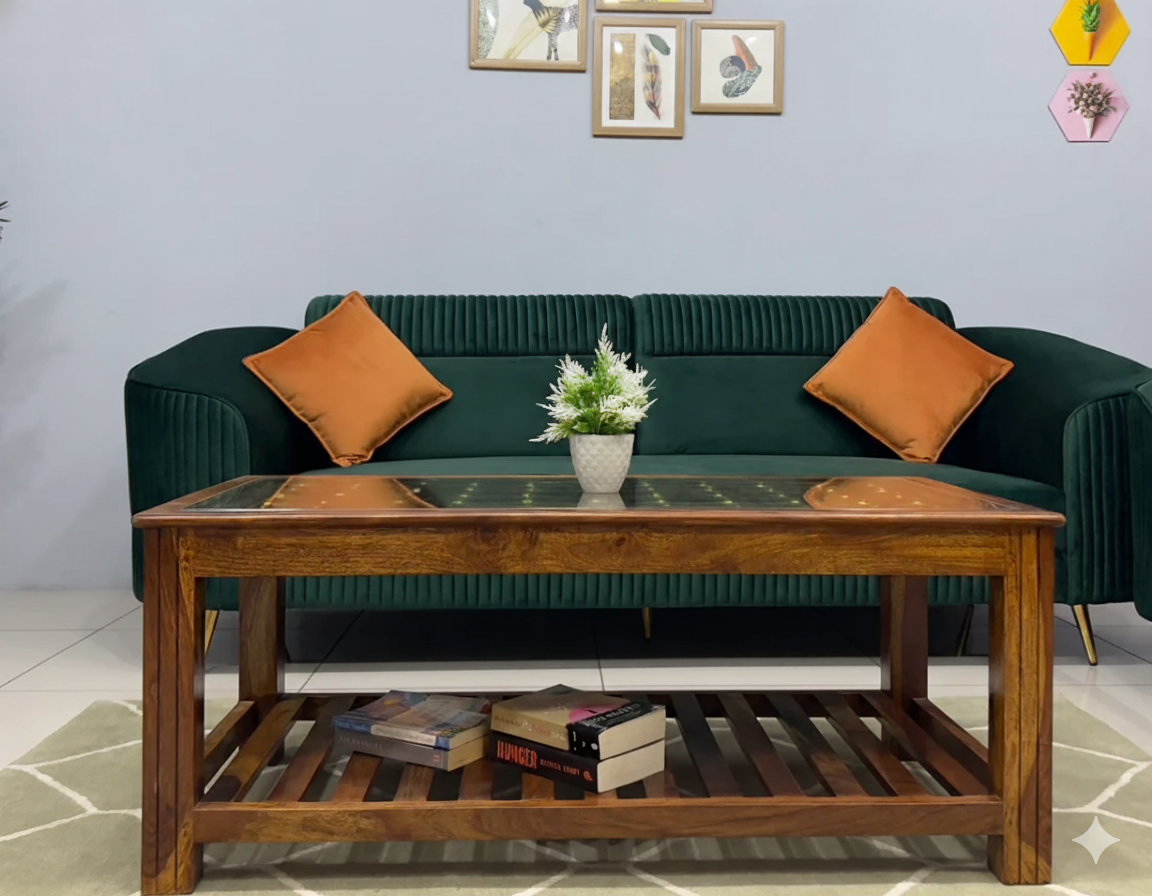 Center Table Featuring Sleek Glass Top and Solid Base for Contemporary Home and Hotel Interiors