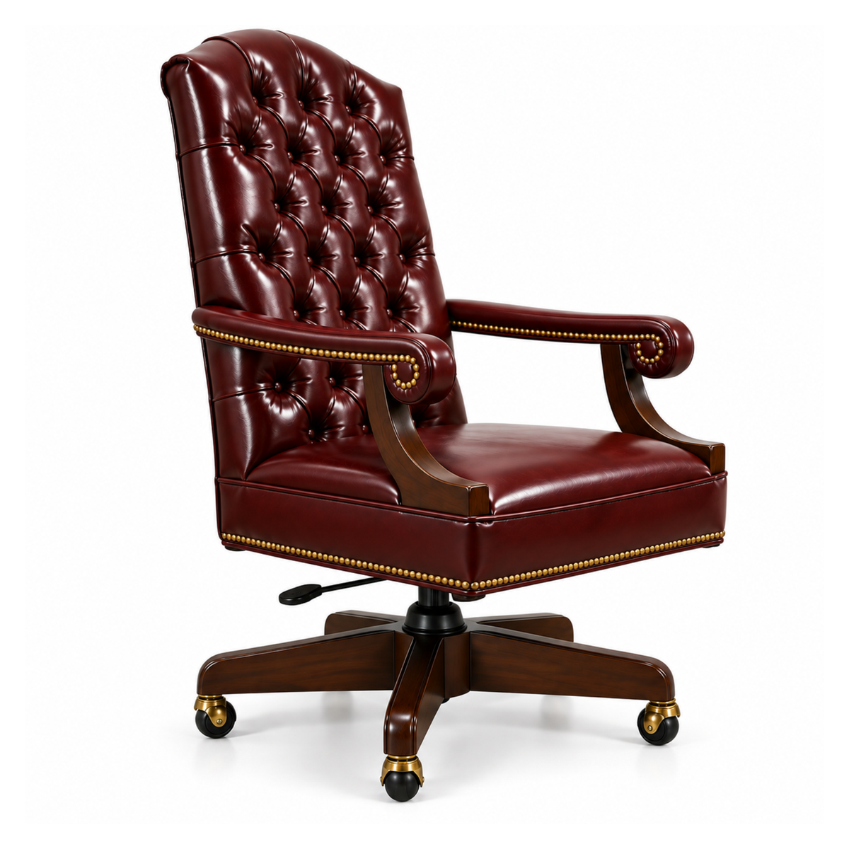 Luxury Office Director Chair Tufted Design Made in Solid wood with Leatherette and Soft Padded - Armrest and Swivel Base and Polish- Dark-Red Cherry