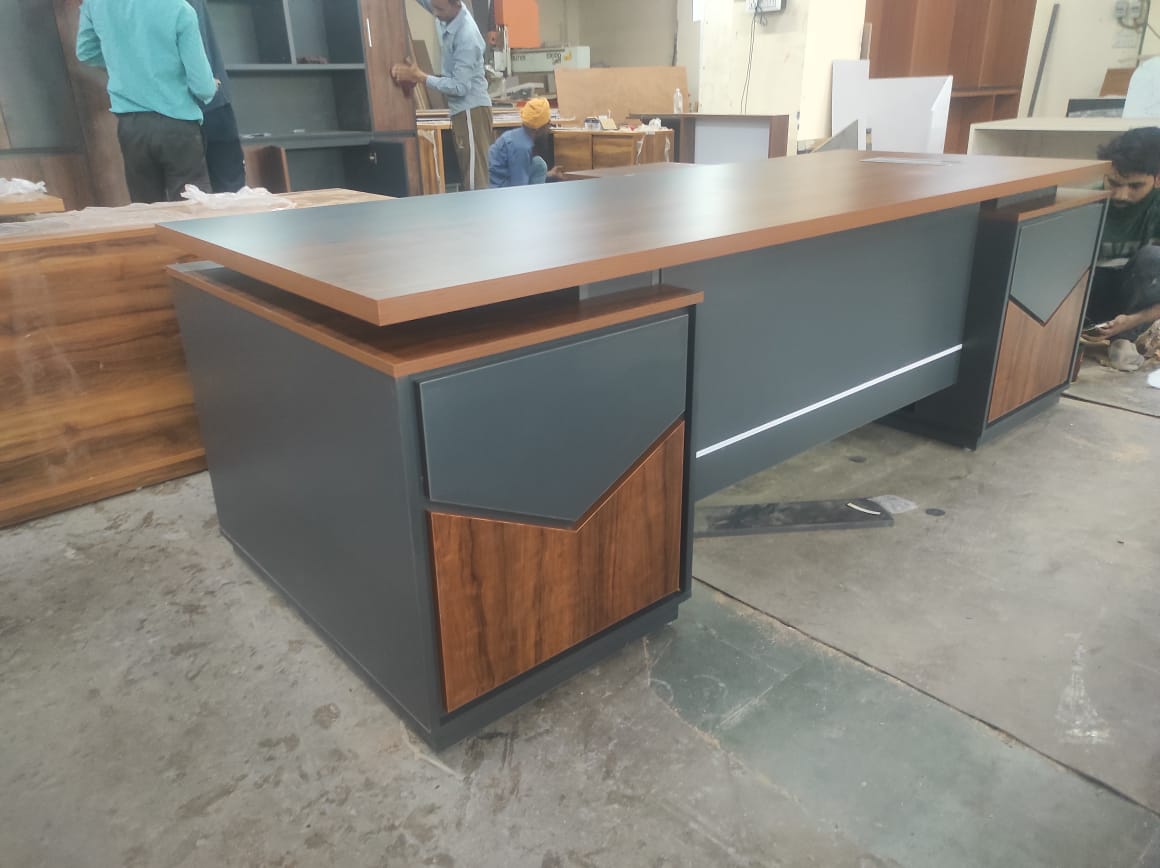 Director & Executive L-Shape Luxury Office Table Modern Desk with Cable Management, Drawer and CPU Storage - Brown