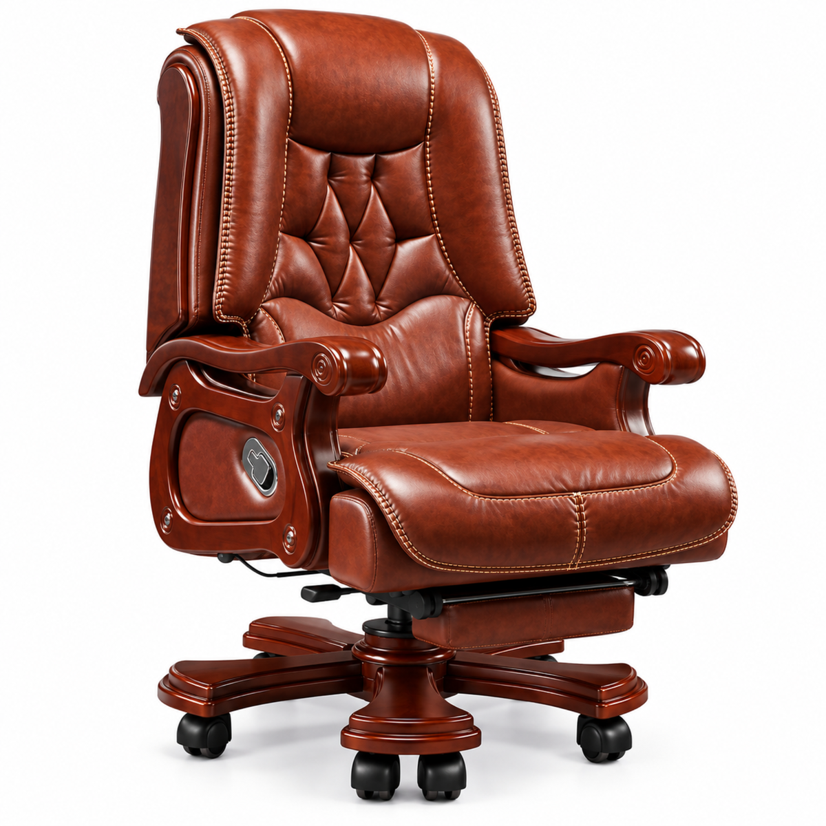 High Back Luxury Office Director Chair Made in Plyboard with Leatherette and High Density Foam & Recliner Feature and Double Wheel with wooden Polish