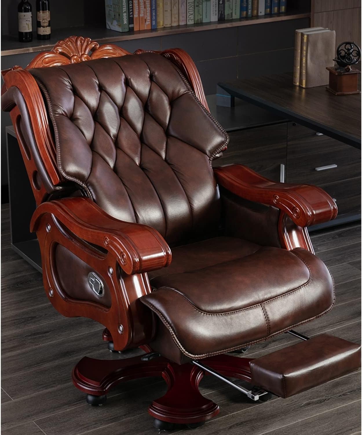 Luxury Office Director Chair Made in Teak wood with Pure Leather and Soft Padded - Armrest and Swivel Base and Polish, & 150° Reclining Office Seat -Brown
