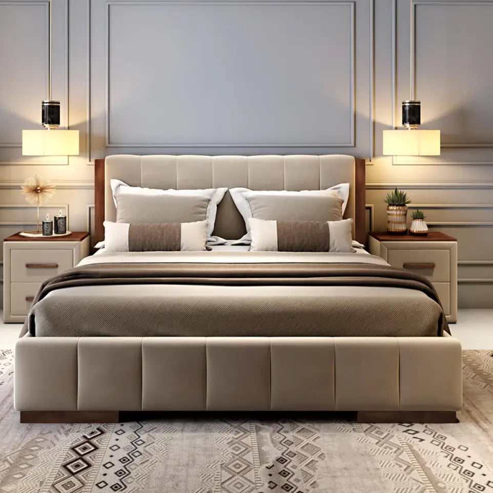 Luxury King Size Solid Wood Bed – Upholstered with Padded Tufted Headboard, Premium Quality & Elegant Design for Living Room
