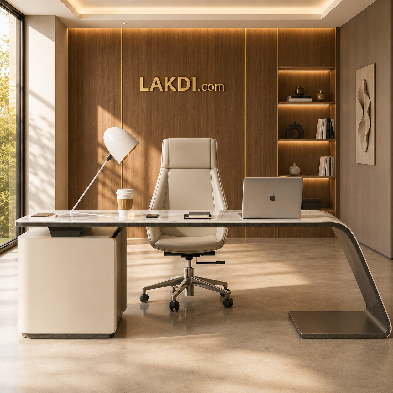 Luxury Executive Director Table - Marble Finish L-Shaped Boss Desk with PU Leather Inlay & Integrated Side Storage
