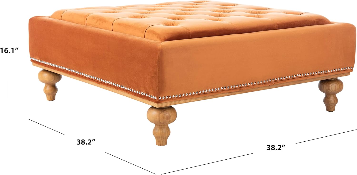 Luxurious Orange Velvet Tufted Storage Ottoman - Elegant Home Furniture Footstool with Solid Wood Legs