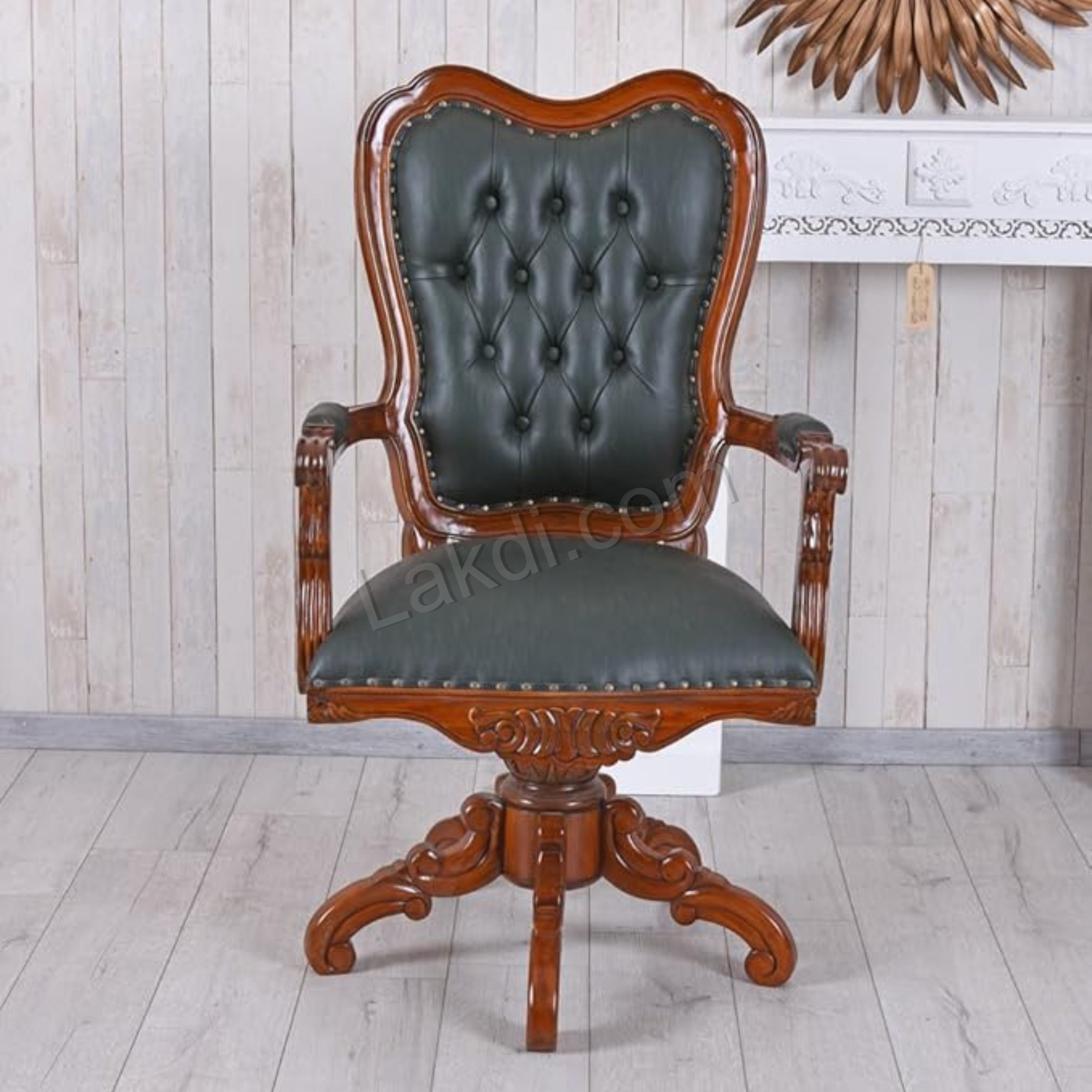 Office Director Chair Tufted Design Made in Solid wood with Leatherette and Soft Padded - Armrest and without Swivel Base and Polish