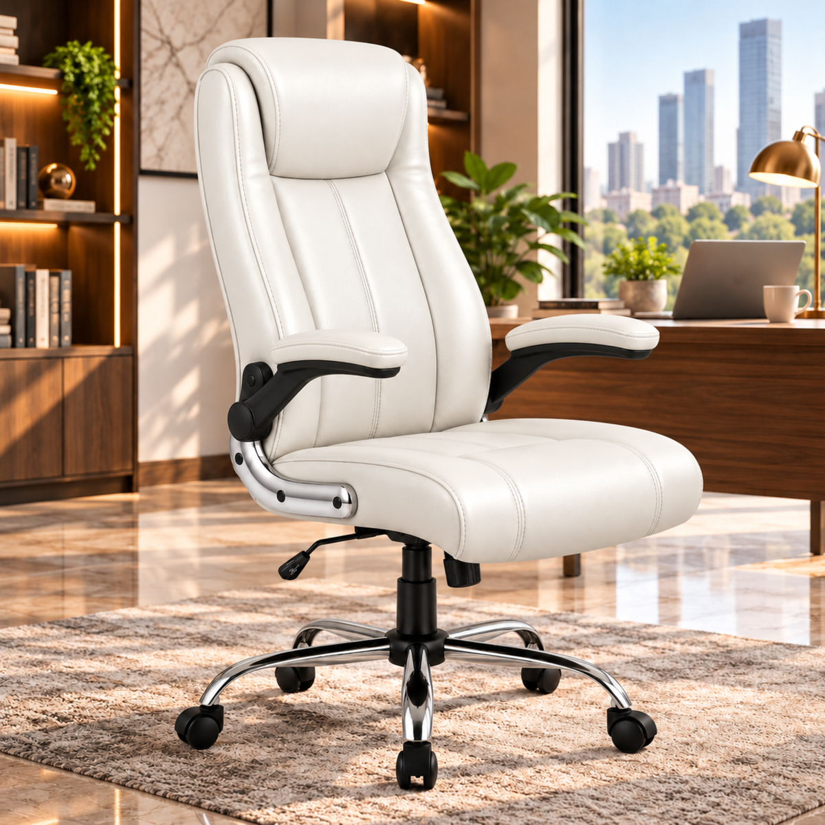 Director Chair with High-Back Padded Leatherette Office Chair with Solid Wood Frame and Rolling Casters