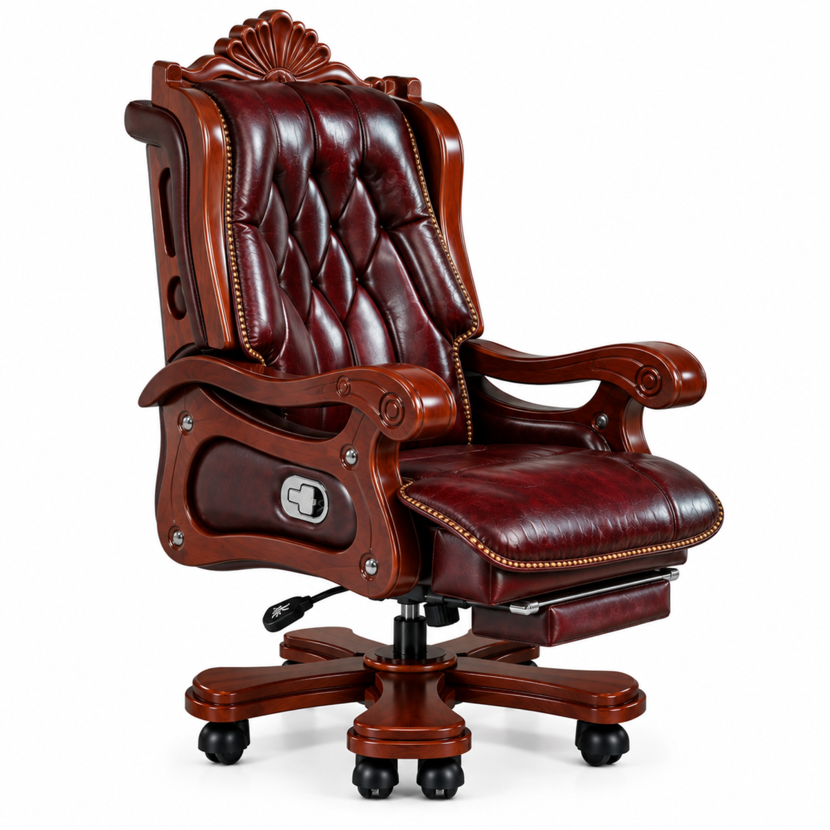 Luxury Office Director Chair Made in Teak wood with Leatherette and Soft Padded - Armrest and Swivel Base and Polish, 150° Reclining Office Seat -Brown