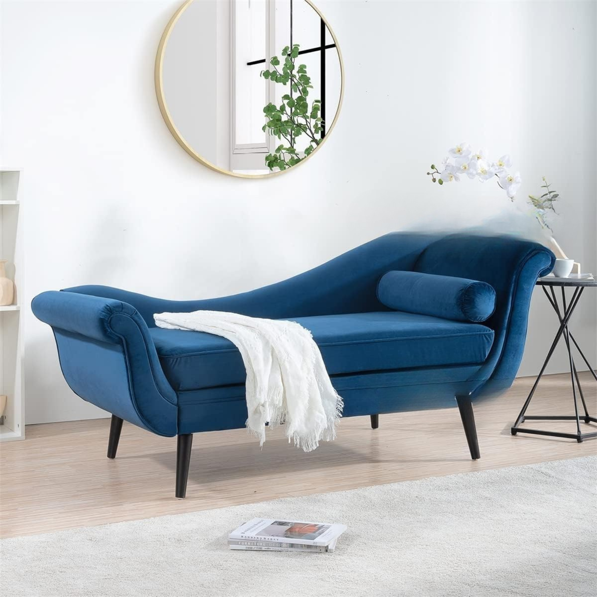 Chaise Lounge Chair Upholstered in Velvet Cozy and Stylish ,Comfortable Durable Design for Living Room or Office -Navy Blue