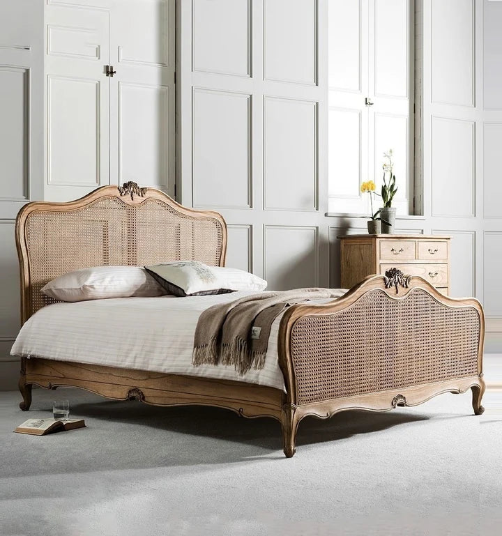 King Size Bed – Solid Wood Frame, Royal Look, Elegant Headboard, Luxury Finish, Wood Cane Bed – Handcrafted Elegance, Rattan Panel Design