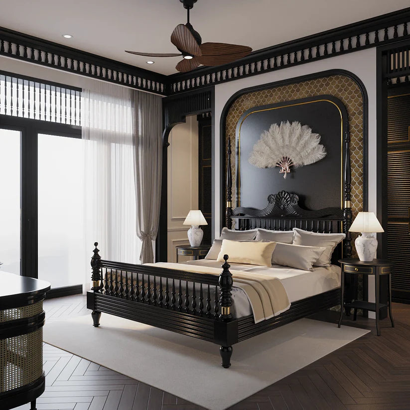 Poster Bed Design in Matte Black Finish,Handcrafted Generational Quality, Available in King Size