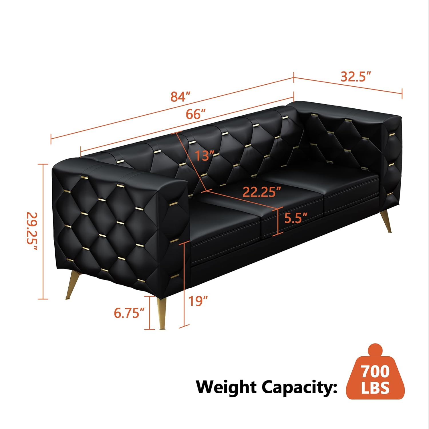 3 Seater Sofa For Home Furniture Made in ply with Leatherette and Tufted Back & MS Legs Powder Coated