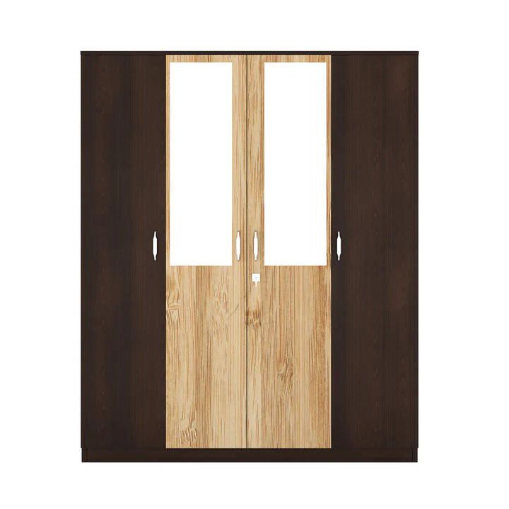 Wardrobe in Particle Wood with 4 Doors and Mirror – Elegant Storage Solution for Bedrooms with Hanging Rod, Shelves, and Drawer Space