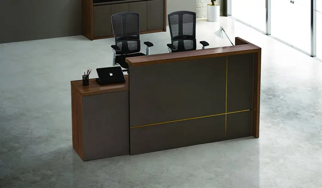 Regal Reception Counter, with a Grand, Statement-Making Look, Featuring Brass Strip Detailing And Cable Management, in Grey Finish. Sleek, modern And durable.