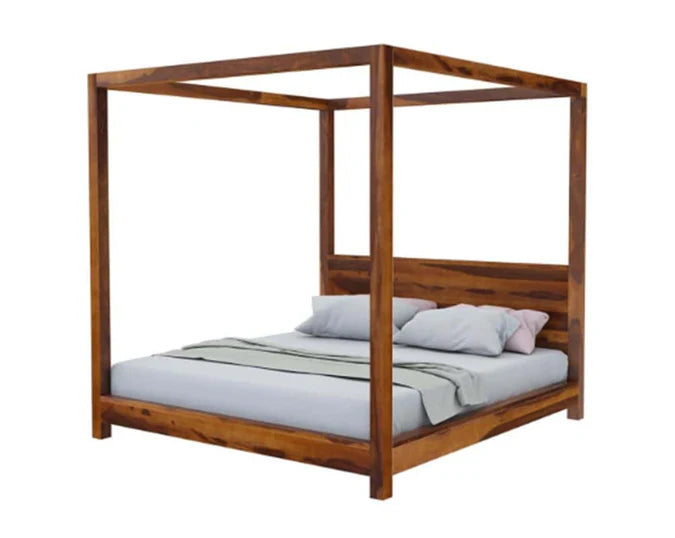 Wooden Bed Handcrafted Four-Poster– Elegant Natural Finish with Grand Canopy Frame, Available in Queen and King Sizes