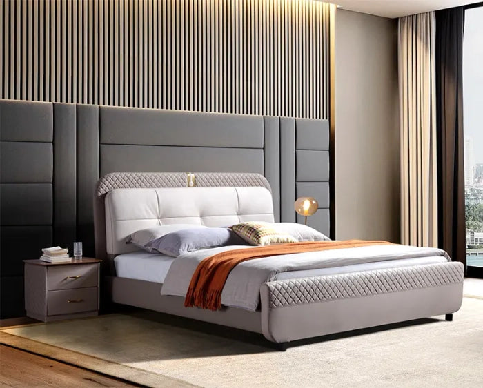 Modern Designer Upholstered Bed – Headboard, Teakwood & Plywood Base, Premium Fabric