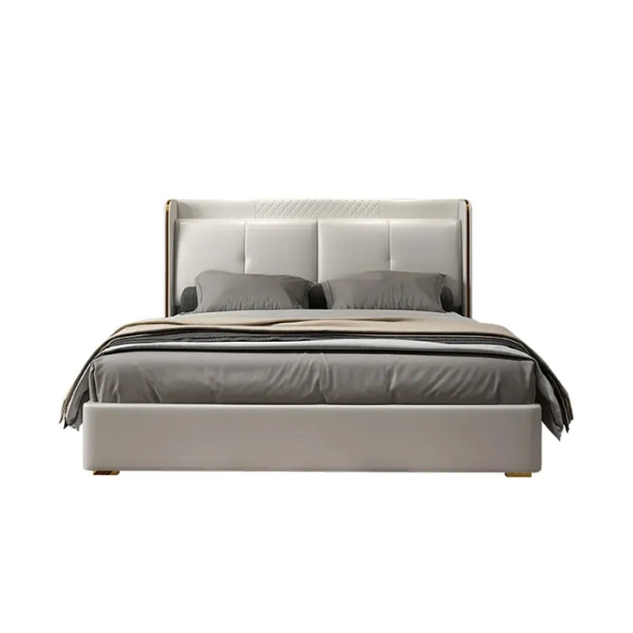 Luxury Off‑White King Size Bed –  Leatherette with Storage, Plywood Frame, Hydraulic Lift with Storage