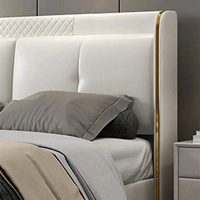 Luxury Off‑White King Size Bed –  Leatherette with Storage, Plywood Frame, Hydraulic Lift with Storage