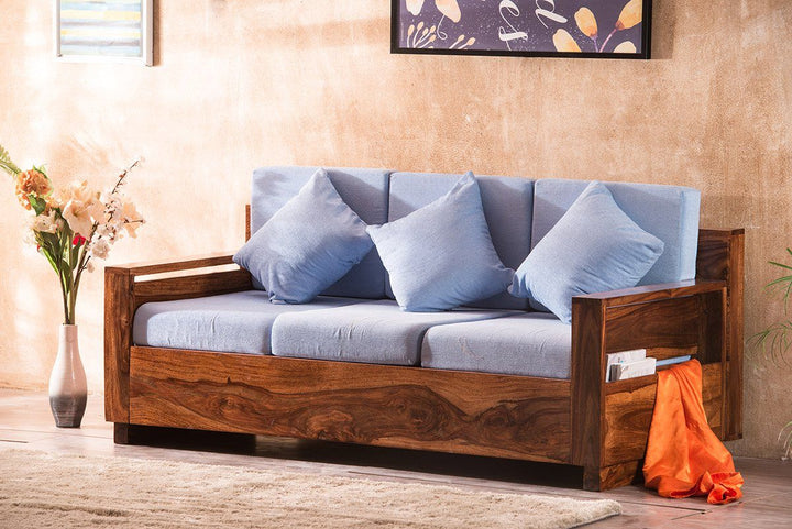 3 Seater Wooden Sofa For Home Furniture Premium Upholstery Modern and Durable Design for Living Room and Office - Blue